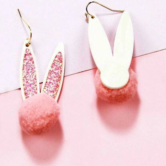 Pink Glitter Pom Pom Bunny Ear Earrings - Picture 7 of 11